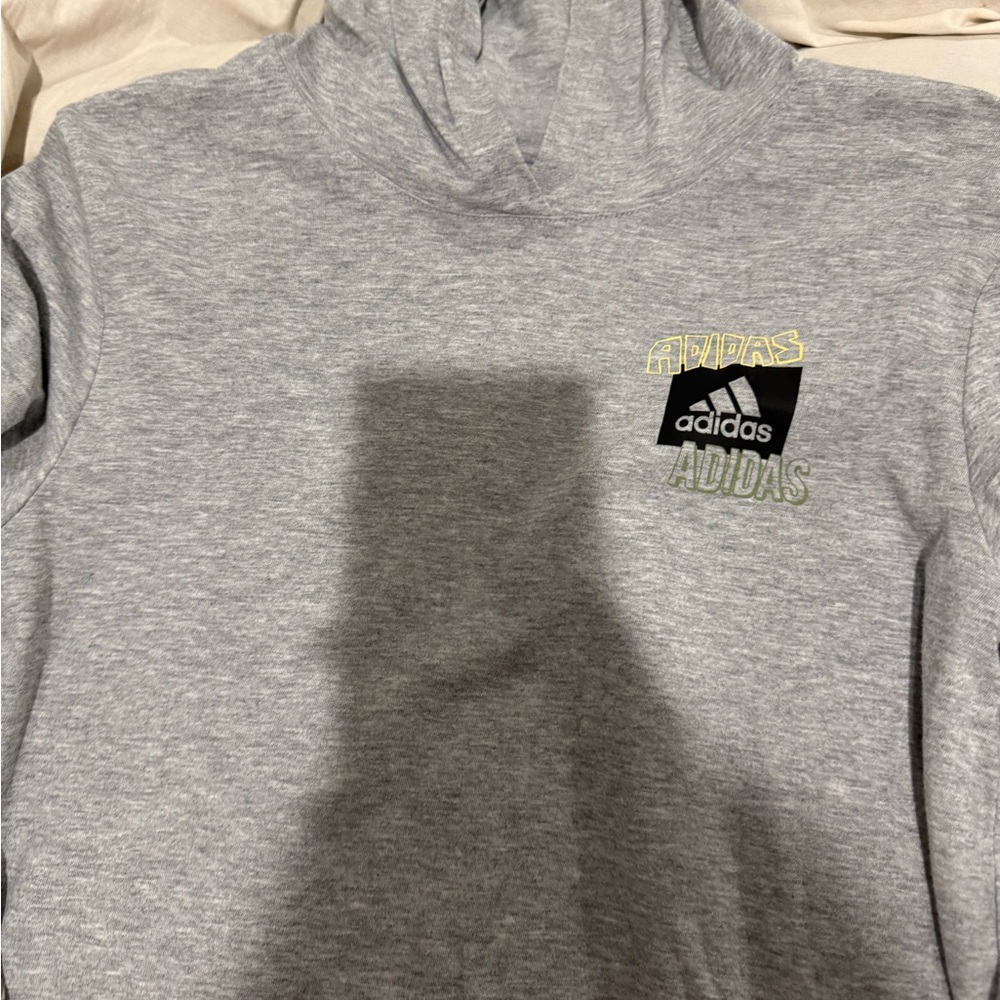 adidas Light Gray Hoodie with Green and Black Sleeve Logos - Picture 2 of 6